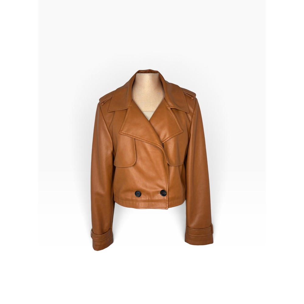 Avec Les Filles Faux Leather Jacket Womens M Brown Excellent Cropped Trench Coat - Picture 4 of 9